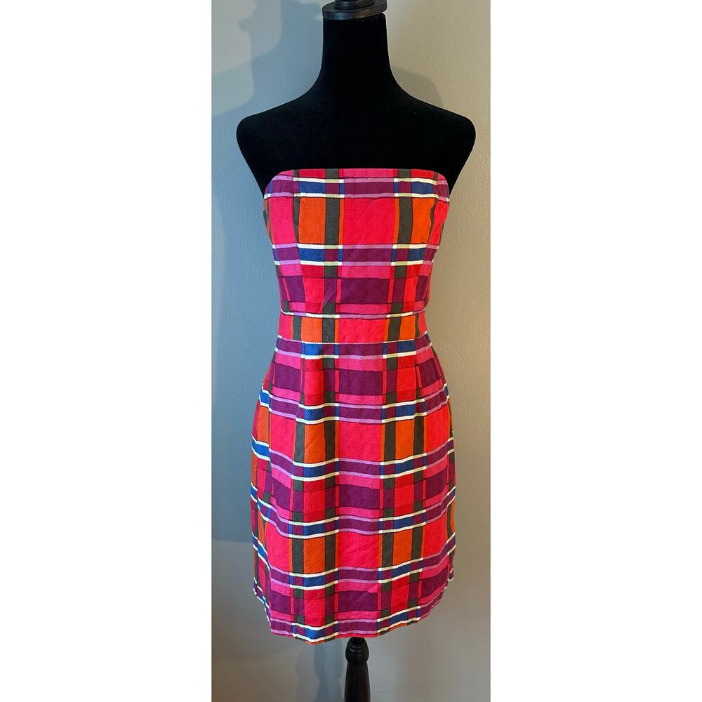 Women's Banana Republic Red Pink Plaid Strapless A-Line Dress Size 6 - Picture 2 of 11